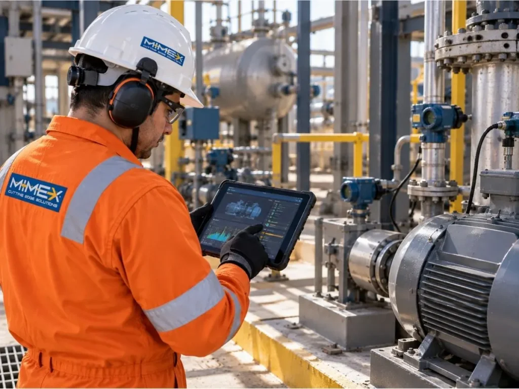 Especialista revisando la condición de varios equipos críticos y consultando un plan de mantenimiento en una tableta dentro de una planta industrial.