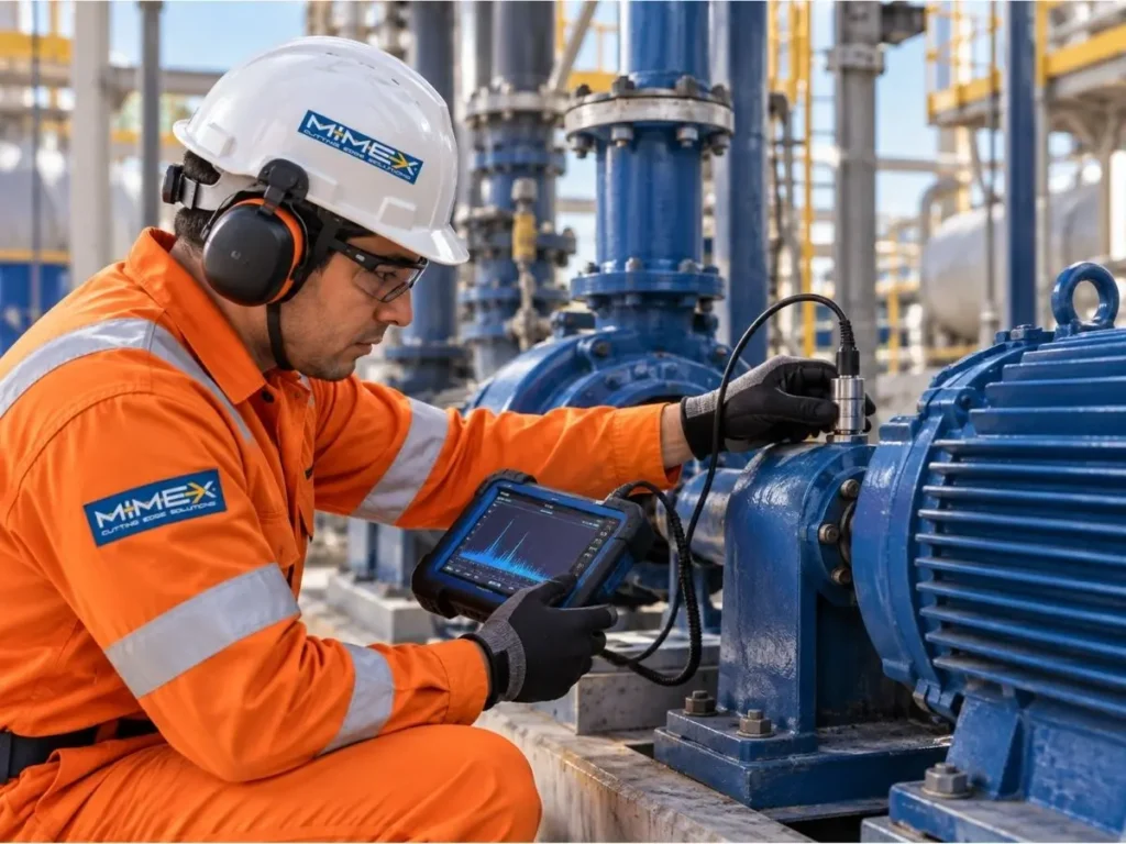 Técnico colocando un sensor de vibración sobre el alojamiento de un rodamiento de un motor o bomba industrial, mientras consulta un analizador portátil.