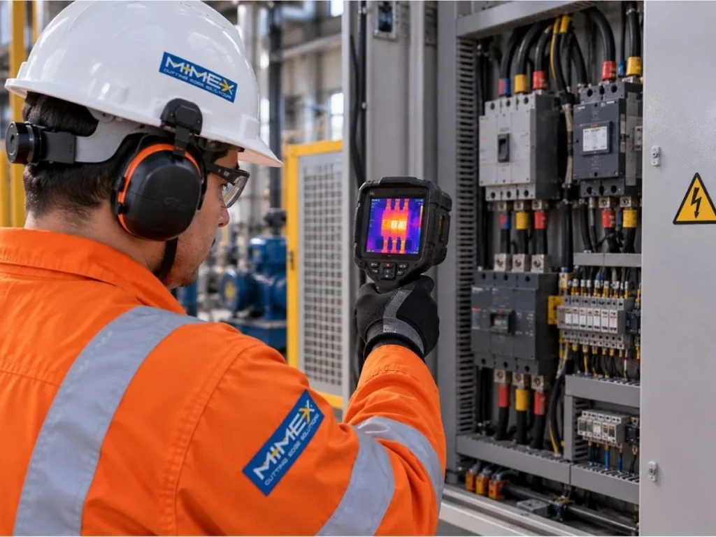 Técnico inspeccionando un tablero eléctrico o equipo industrial con una cámara termográfica