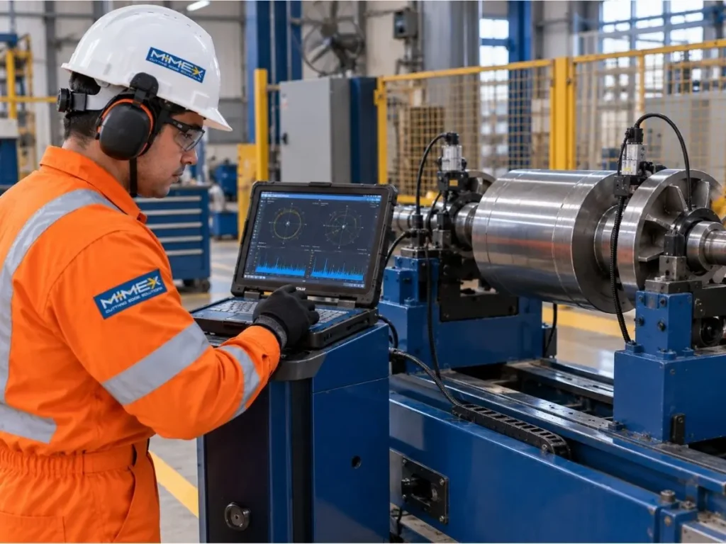 Técnico realizando el balanceo de un rotor industrial montado en una máquina balanceadora, con el sistema de medición correctamente instalado.