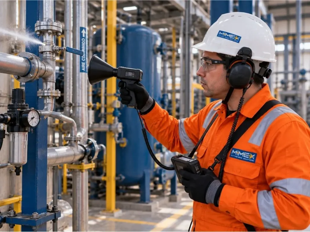 Técnico usando un detector ultrasónico para localizar una fuga de aire comprimido o inspeccionar un componente industrial, con audífonos y equipo de seguridad.